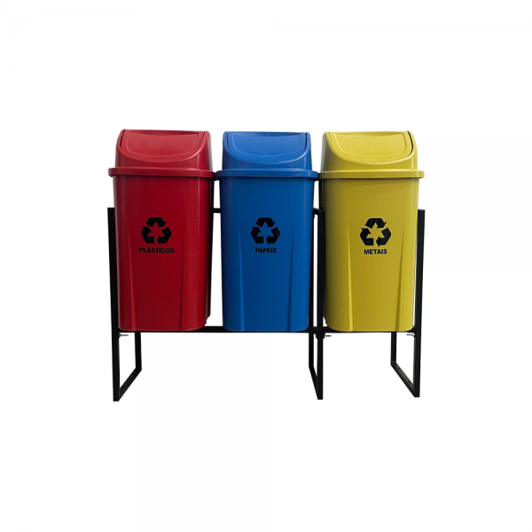 KIT 3 LIXEIRAS PARA COLETA SELETIVA 60 LITROS COM SUPORTE
