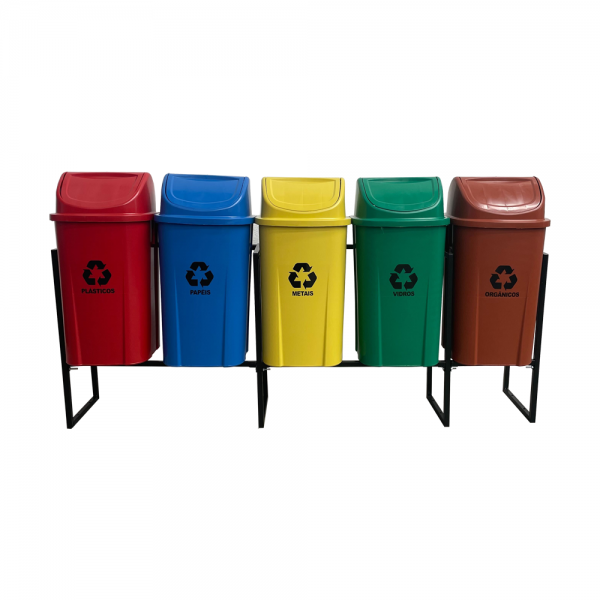 KIT 5 LIXEIRAS PARA COLETA SELETIVA 60 LITROS COM SUPORTE