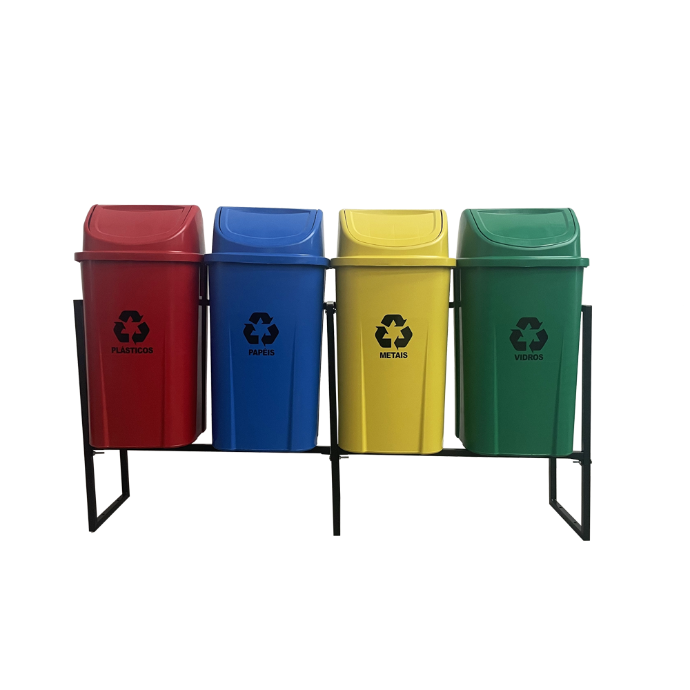 KIT 4 LIXEIRAS PARA COLETA SELETIVA 60 LITROS COM SUPORTE