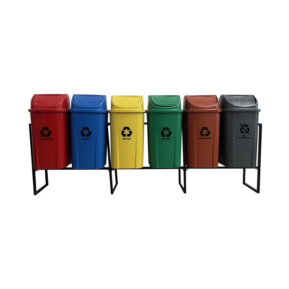 KIT 6 LIXEIRAS PARA COLETA SELETIVA 60 LITROS COM SUPORTE